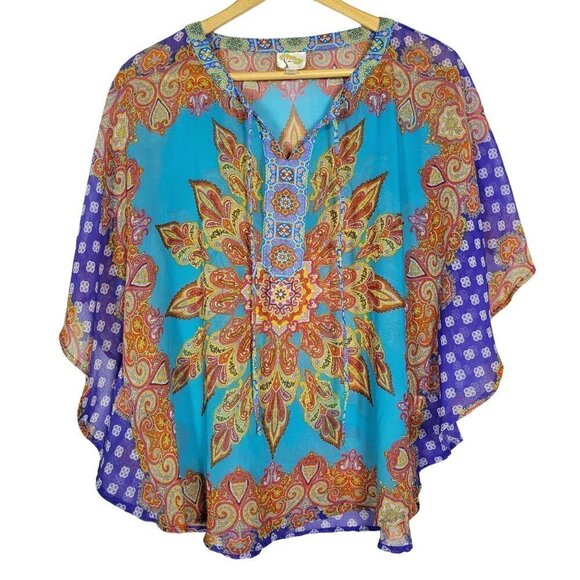 Women's Fig and Flower Boho Flowy Vibrant Colors Sheer V Neck Tie Blouse Size M - Picture 1 of 10